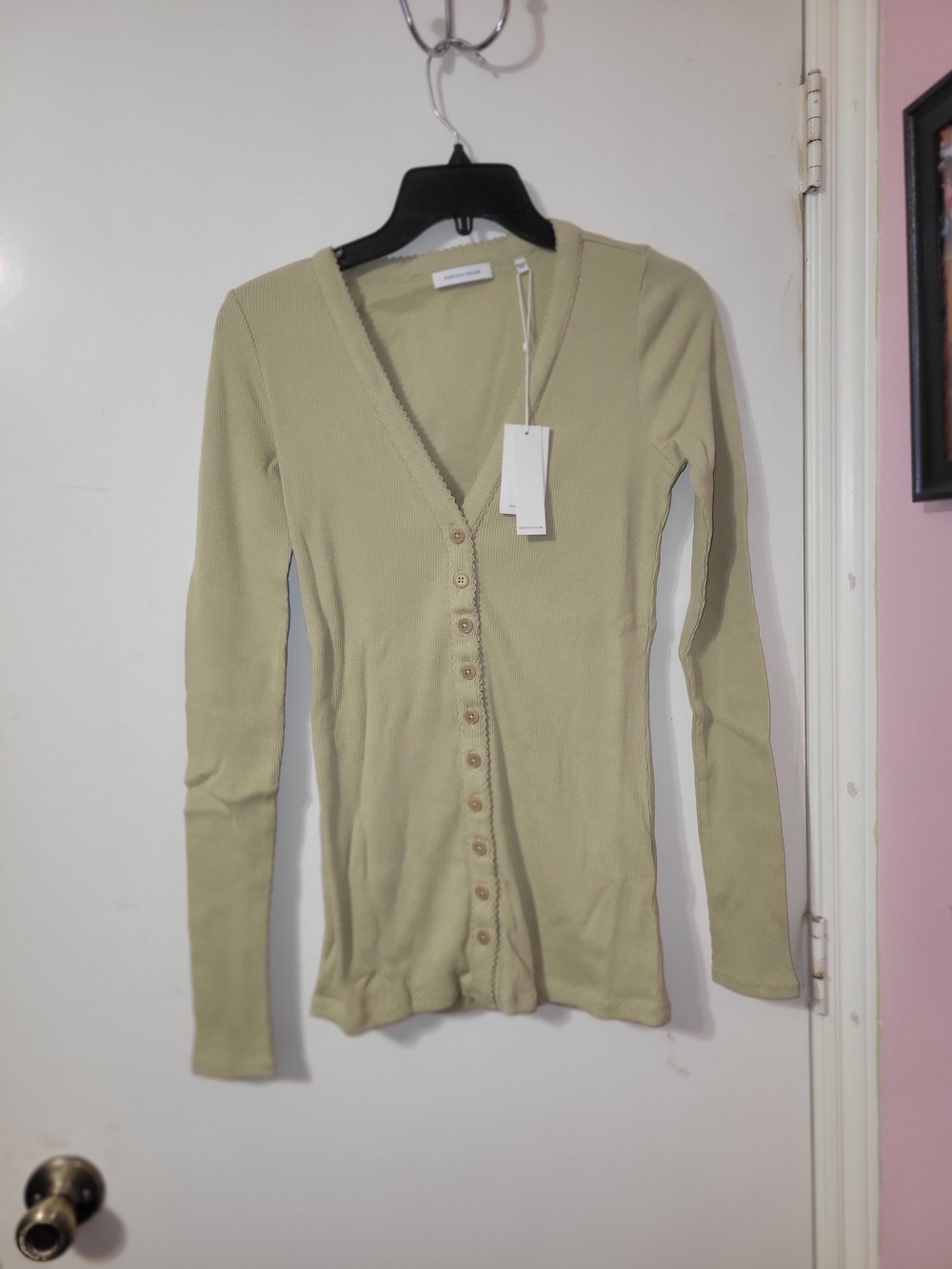 Rebecca Taylor Olive Ribbed V-Neck Cardigan with Scalloped Trim